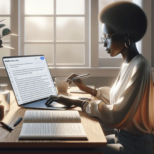 Generated image: Realistic photo of a focused copywriter editing co...